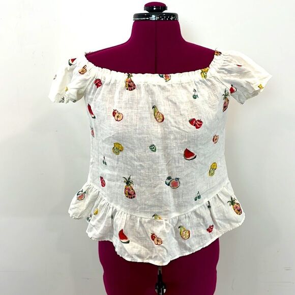 Zara Off Shoulder Linen Top Fruit Print S - Picture 2 of 8